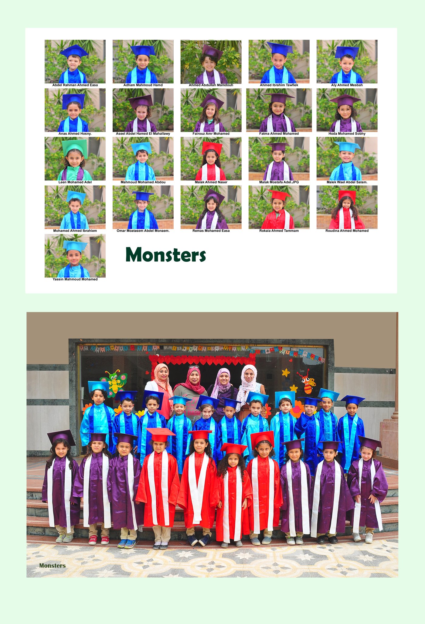 Class individual portraits and full group graduation photo